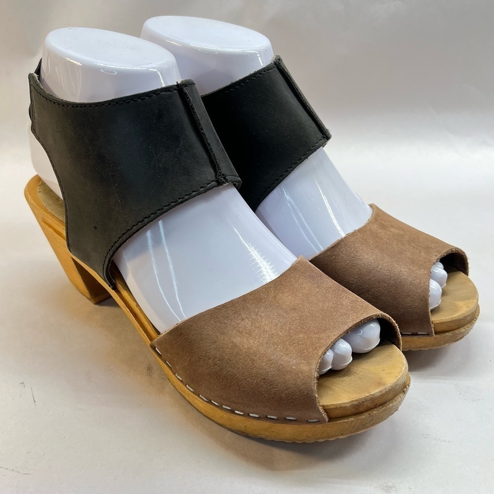 Nina Z Anthropologie Leather & Wood Clog Sandals Made in Sweden Sz 36/US 5-6